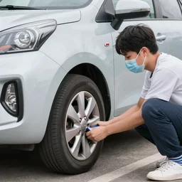 6 0 year old man wearing face mask and socks on his hand, changing the tire of a kia picanto, afternoon