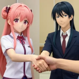a person shakes hands with an anime character in both styles