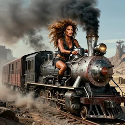 tina turner in mad max with dirty ( hyperdetailed face ) riding a cyberpunk steam train, dystopian landscape, rail waggons, cyberpunk, hyperdetailed, 8 k, black smoke, oscar movie shot, cinematic