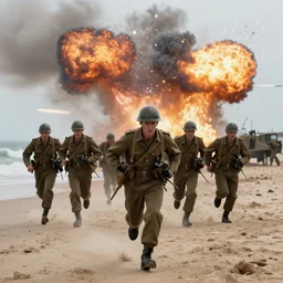 soldiers running at the camera during normandy beach landing with fiery explosions and debris in the style of the movie lone survivor, gritty, 4 k, cinematic lighting,