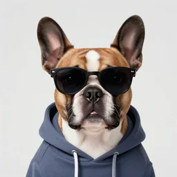 portrait of french dog in hoodie with sunglasses by greg hildebrandt and michael hutter