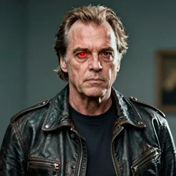 Jack Nicholson plays Terminator, wearing leather jacket, red eye, VFX film