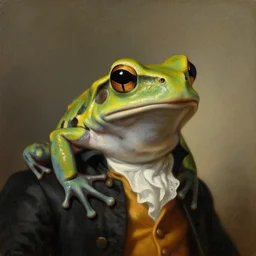 a head and shoulders portrait painting of an anthropomorphic!!!!!!!!!! amazon milk frog!!!!!!!!!! wearing a colonial frock jacket without a hat looking off camera, a character portrait, neoclassicism, oil on canvas, soft focus
