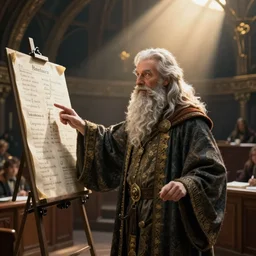 A bearded wizard points at a linguistics chart in front of a lecture hall, fantasy art by Greg Rutkowski