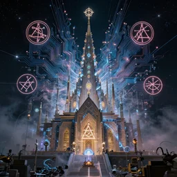 space odyssey, masonic temple, technology and magick, circuitry and sigils combined, photorealistic, royo, frazetta, leds, dust, laser light, crystalline shimmers, chaos, complexity, emergence,