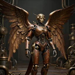 steampunk robot angel, big ornamental wings, brown body, intricate, soulless, steampunk yunkyard background, sharp focus, highly detailed, cinematic lighting, studio quality, chiaroscuro, smooth render, unreal engine 5 rendered, octane, rendered, by artgerm, greg rutkowski, alphonse mucha