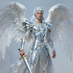 greg manchess painting of prince of winter frost wearing shiny mythical crystal clothes, handsome, long wings, large angelic sword, soft lighting, trending on artstation, by huang guangjian and gil elvgren and sachin teng