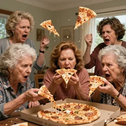 several angry grandmas getting real pissed off at karen for eating all of the pizza, disgusting pizza is thrown everywhere.