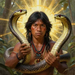a young indigenous amazon man facing a threatening snake, matte painting, ayahuasca, fantasy art