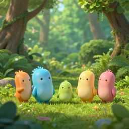lush paradise, little cute creatures, photorealistic