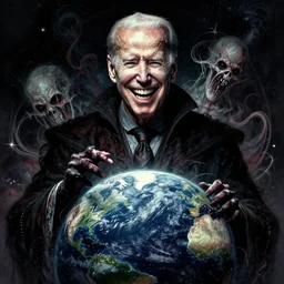 crazy mad Joe Biden grinning  sadistic smile all powerful emperor of the world, high contrast, cosmic horror, lovecraftian, abstract, masterpiece, trending on ArtStation, by Greg Rutkovski and by Craig Mullins and by David Cronenberg and by Ismail Inceoglu, dark