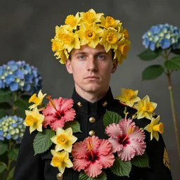 a beautiful fine art portrait photo of a military general covered by hibiscus, daffodils, hydrangea, montsera leaves by tom bagshaw and zach sutton, very detailed, artstation, 8 k