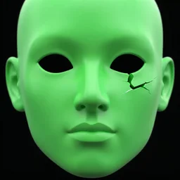 green human face with open black eyes as broken 3 d meshes