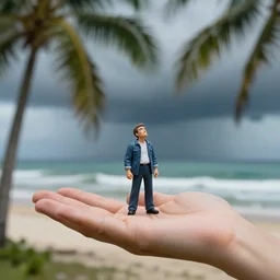 tiny bill gate standing in a big palm of hand looking up, a stormy sea in the background, hyper realistic, highly detailed, sharp focus, depth of field
