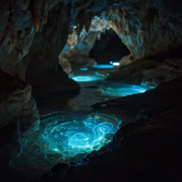a dark cave with glowing bioluminescent pools, clear focus, bokeh effect, high res, hasselblad, professional, cinematic