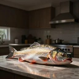 cctv footage of a giant fish on a table in a kitchen
