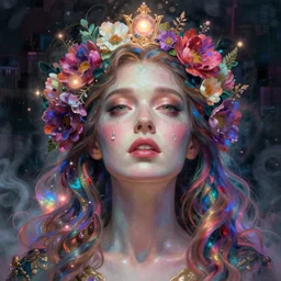 jeff goldblum, portrait, colorful and vibrant majestic, royal, open wide eyes, drops of tear with flowers on her hair, glowing light orbs, intricate concept art, elegant, digital painting, smooth, sharp focus, ethereal opalescent mist, outrun, vaporware, cyberpunk darksynth, ethereal, ominous, misty, 8 k, by ruan jia and miho hirano, rendered in octane