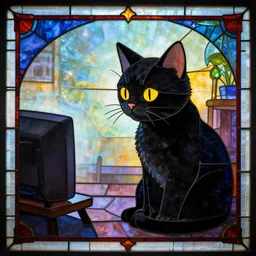 stained glass artistic portrait of a black cat watching tv, extremely detailed, trending on Artstation