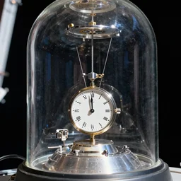 photo of a torsion pendulum clock in its glass dome inside the international space station. highly - detailed, sharp focus, award - winning