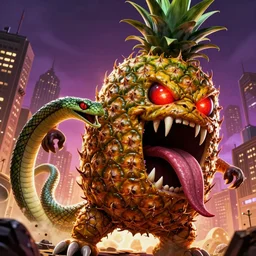 horrific realistic monster pineapple with fangs and a snake tongue!!!, attacking a city by jack kirby very big, vibrant colors, red glowing eyes, concept art, detailed, high contrast, rim light, back lit, sharp focus, illustration, powerful, unreal render