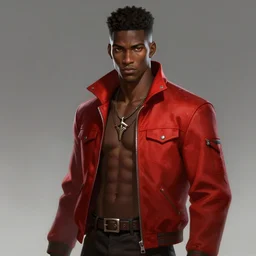 a highly detailed illustration of attractive young african guy with flat top hair wearing red jacket, dramatic standing pose, intricate, elegant, highly detailed, centered, digital painting, artstation, concept art, smooth, sharp focus, league of legends concept art, wlop