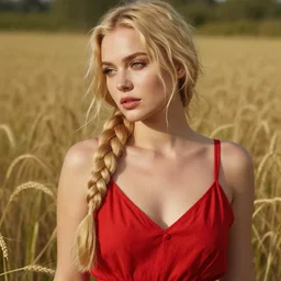 beautiful picture of a snub - nosed beauty blonde, a sultry slav with a long braid, close shot, in a red sundress in the style of the gb pre - raphaelites, rye, a three - quarter face