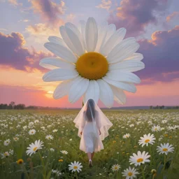 giant white daisy flowers over face veil, girl walking in a flower field, surreal photography, sunrise, dramatic light, impressionist painting, colorful clouds, digital painting, artstation, simon stalenhag