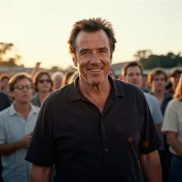 kevin bacon stands before a crowd smiling, 3 5 mm photograph, magic hour light