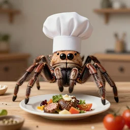 an anthropomorphic jumping spider wearing a chef's hat while cooking dinner