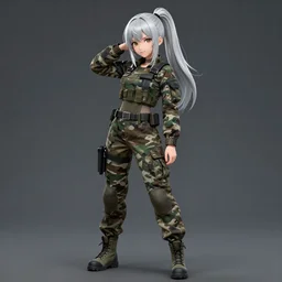 girl, silver hair (ponytail), multicam (camo), posing, (trending on artstation), beautiful face, cinematic full body shot, ilustration by Takehiko Inoue (((and Yoann Lossel)))
