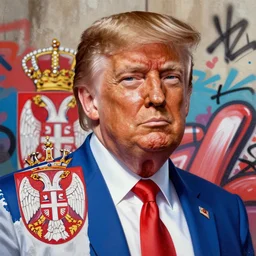 hyper detailed ultra sharp donald trump dressed as serbian nationalist photorealistic portrait, triumphal celebratory aesthetic, masterpiece, elite, illustration, art by sachin teng, felix englund, organic matte painting, red white and blue color palette, hard edges, graffiti, street art 8 k