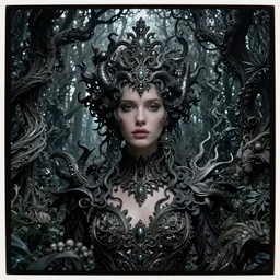 cinestill 5 0 d field view fashion of a beautiful woman by gastel from a dream in a fantasy garden in a dark twisted forest, intricate details, epic scale, insanely complex, sharp focus, hyperrealism, pale dark glossy, head in focus, sharp focus, caspar friedrich, greg rutowski, james gurney