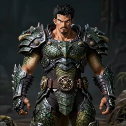 anime of latino man with facial hair, small mustache, brown eyes, full body, reptile armor by akira toriyama hyper realistic, dark fantasy detailed, high definition insanely detailed, bitter wide angle lens dark lighting, moody lighting
