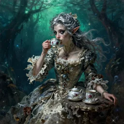 A 18th century, messy, silver haired, (((mad))) elf princess, dressed in a ((ragged)), wedding dress, is ((drinking a cup of tea)),  in her right side is a porcelain tea set. Everything is underwater and floating. Mystical, dreamlike, atmospheric, scarry, horroristic shadows, ((greenish blue tones)), theatrical, (((underwater lights))), high contrasts.  fantasy oil canvas, inspired  by Henry Wallis's The Death of Chatterton