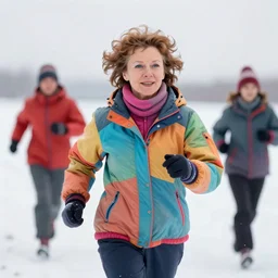 a photo of 4 0 year old woman with short wavy curly light brown hair and blue eyes wearing colorful winter clothes is running in a snowy field. 1 2 mm. front view, perfect faces