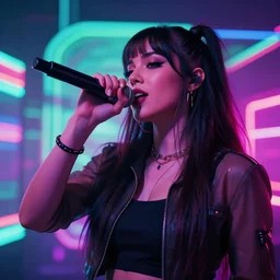 beautiful blasian woman raps into microphone, hip hop vaporwave, abstract background, neon, photo, detailed, 4k