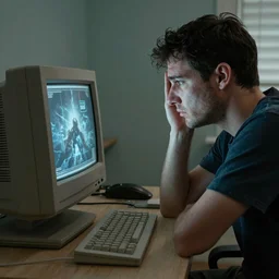 a high resolution photo of a sad man watching the end of the world on a vintage computer