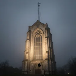 church of suspension, hyper realism, brutalism, phtorealism, artificial light, volumetric light, foggy