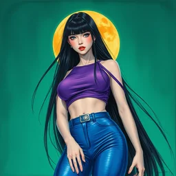 very long black hair, blue latex pants, purple croptop, two moons acid green. highly detailed, digital painting, watercolor, soviet realism, engraving, artstation, concept art, smooth, sharp focus, vivid grunge, manga, illustration, unreal engine 5, 8 k, art by bilibin and kilian eng and kuvshinov and malevich and mucha
