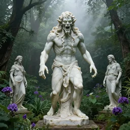 a classical marble statue of an eldritch cthulhu in a lush verdant garden by gil elvgren and anton fadeev and albrecht anker, horror, lovecraftian, mist, hyperrealism, volumetric lighting, god rays, ultrafine details, sfumato, purple flowers