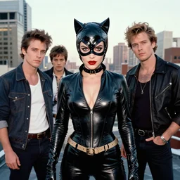 phil noto, peter mohrbacher, thomas kinkade, artgerm, 1 9 5 0 s rockabilly anya taylor - joy catwoman dc comics, symmetrical eyes, city rooftop