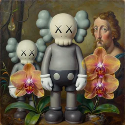3 d natural amazonian psychedelic harvested orchids by kaws, james jean and salvador dali and shusei nagaoka, textured oil on canvas, extremely detailed surrealism, neoclassicism, renaissance, depth of field, hyper realistic, cell shaded, metallic reflections, physically based rendering, 8 k