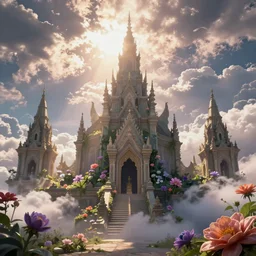 enchanted fantasy temple ruins in a heavenly cloudy dreamscape, florid overgrowth, flowers, surrealism, by ferdinand knab, radiant light, artstation