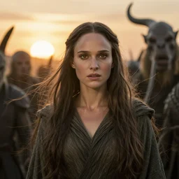 epic photo of natalie portman as beautiful white wizard in lord of the rings replacing gandalf with long straight black hair blowing in the wind in a battle scene against orcs, sweaty, detailed eyes, neutral expression, shallow depth of field, photorealistic, cinematic lighting, lovely bokeh, warm colours, sunset south, strong rim light, movie quality, lord of the rings 1 9 8 5, movie still