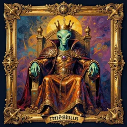( ( ( ( an alien king sitting on a throne, decorative frame design ) ) ) ) by mœbius!!!!!!!!!!!!!!!!!!!!!!!!!!!, overdetailed art, colorful, artistic record jacket