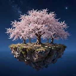 blossom trees on a floating world with deep blue starry sky by roger dean