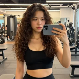 small chin round face mona lisa puffy cheeks long hair female influencer in gym instagram selfie photo staring at camera with curly hair in gym photo # gym # photography # iphone # beauty