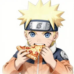 Chibi Naruto biting into a pizza, digital art, hyper detailed, high definition, 4k, HDR, pencil drawing