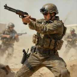 a painting of a character fighting in the gulf war holding a Gun by Shinji Aramaki, high detail, hyperrealistic, concept art, artstation, 8k,