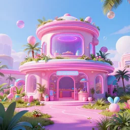 architecture, futuristic, neon, cyberpunk, vaporwave, pastel colors, hd 8 k, vfx simulation, unreal engine, abandoned, overgrown, candy shop
